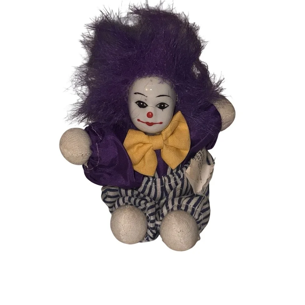 Vintage 1980s Q-Tee Sand-Filled Clown Doll Purple Hair Mardi Gras Theme NOLA